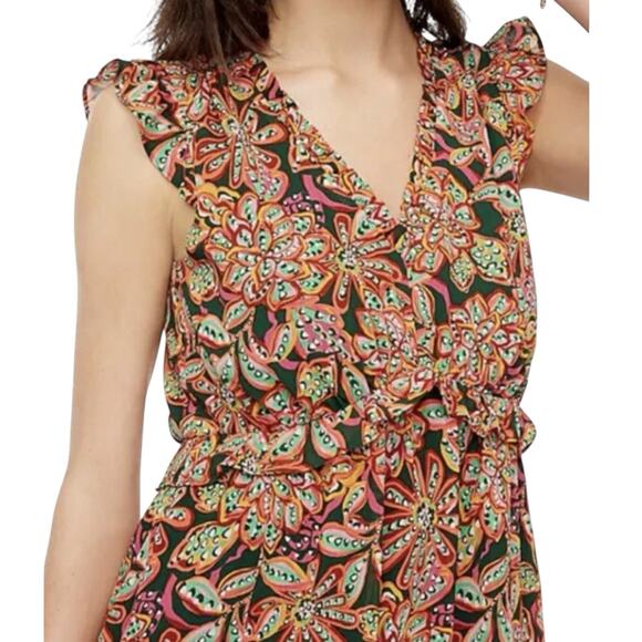 J Crew Green Orange Floral Ruffle V-neck Tiered Dress Size 4 - Picture 7 of 16